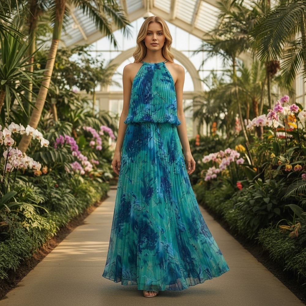 Xscape Maxi Dress Womens 6 Blue Green Pleated Halter Floral Gown Y2K